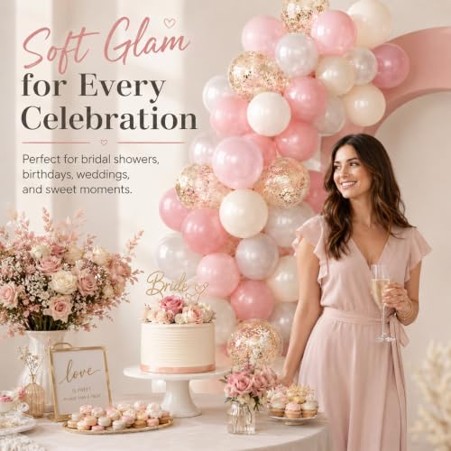 Image of Biapian Pink And Gold Balloons, 50Pcs 12 Inch Retro Blush Pink Cream White Double Stuffed Metallic Gold Confetti Boho Ballon For Birthday Bridal Shower Wedding Party Decorations