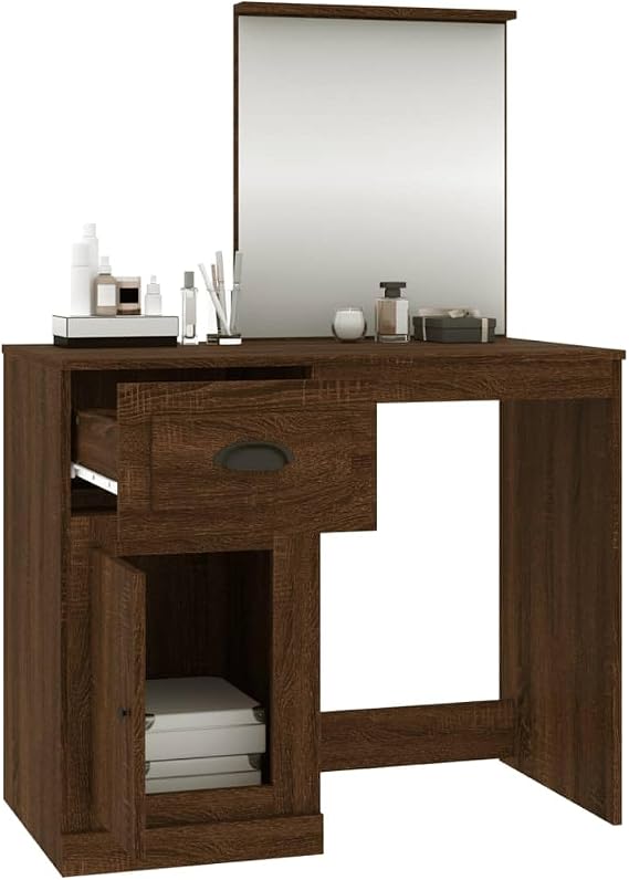 Brown Oak Dressing Table with Mirror 90x50x132.5 cm Engineered Wood Vanity Desk for Makeup and Storage
