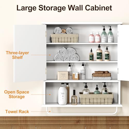 RoyalCraft Bathroom Wall Cabinet with Mirror, Over the Toilet Storage Cabinet with Towel Rack and Adjustable Shelf, Large Bathroom Medicine Cabinet Wall Mount 22x25 inch (White) - Thumbnail 4