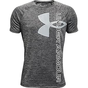 Under Armour boys Tech Split Logo Hybrid Short-Sleeve T-Shirt , Black (001)/White , Youth Large