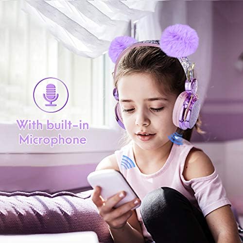 Kids Headphones Wireless, Girls Bluetooth Headphones w/Fluffy Ear, Adjustable Children Headphones Over Ear Headphones with Mic for Teens/iPhone/iPad, w/Unicorn Gift Box for Birthday Xmas (purple)