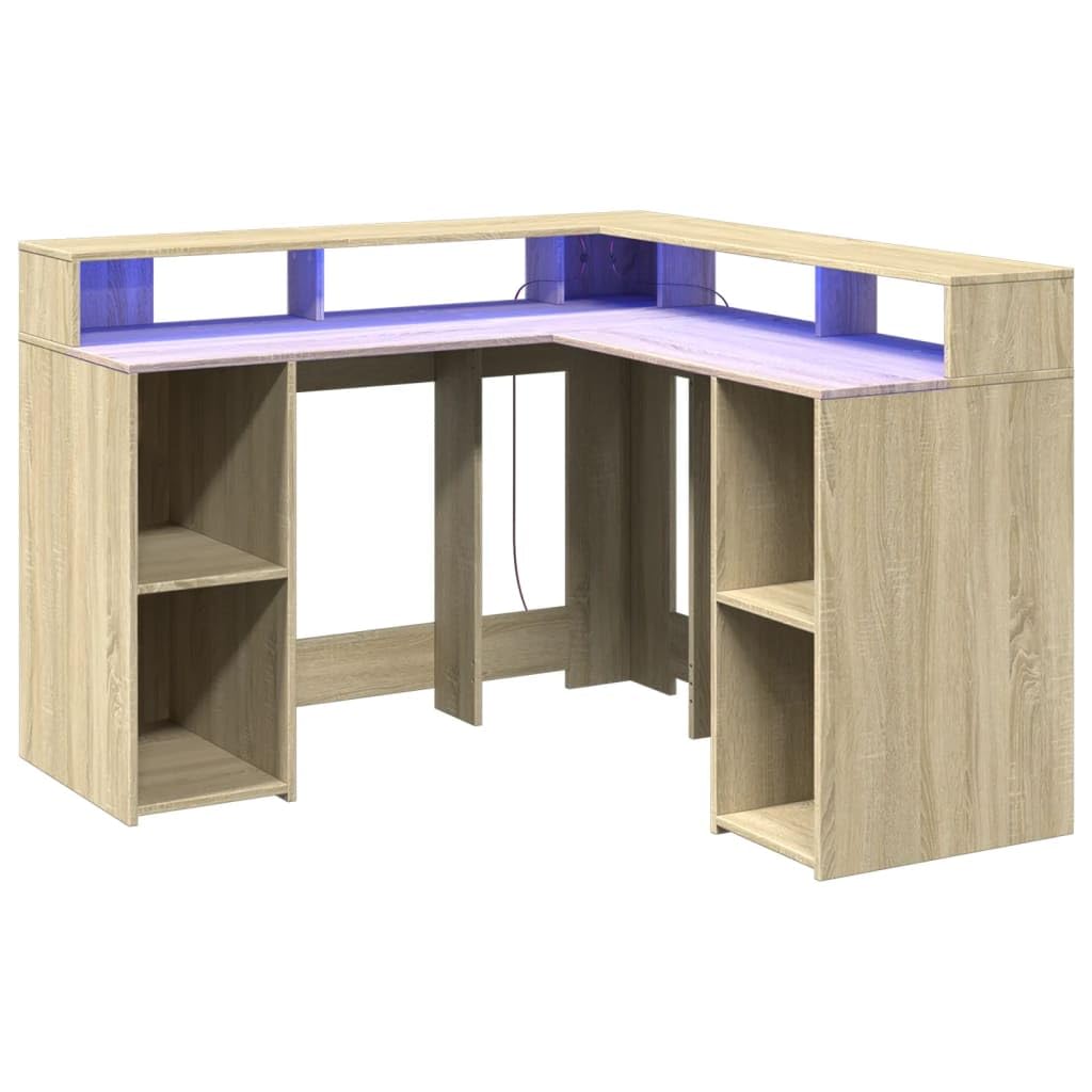 Homgoday Biurko z diodami LED, dębowe Sonoma 130 x 130 x 91 cm, z płyty wiórowej, meble biurka, półki, biurko komputerowe, biurko, biurko do gier, do pokoju dziecięcego