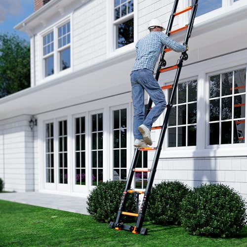 Image of SINMEIRUN 20.3 Feet A Frame Ladder, 10 Step, ANSI Certified, Aluminum Extension Ladder for Home, Roof, RV; Orange