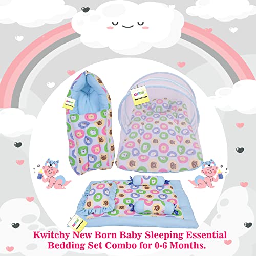 Image of Kwitchy New Born Baby Bedding Combo of Mattress with Net | 4 Pcs Gadda Set (0-6 Months) Blue (3PCS Set)