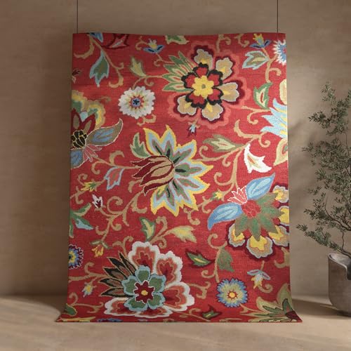 Image of Jaipur Rugs Red and Orange Floral Wool 3'6X5'6 Feet Hand Tufted Carpet Rugs for Living Room, Bedroom & Home