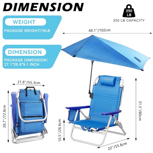 Adjustable Umbrella Beach Chair with Storage, Blue