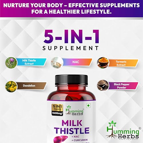 Image of Humming Herbs Milk Thistle supplement 1140mg Liver Support Formula with NAC, Curcumin, Dandelion and Black Pepper - 90 Veg Capsules, Bioavailable Detox Supplement