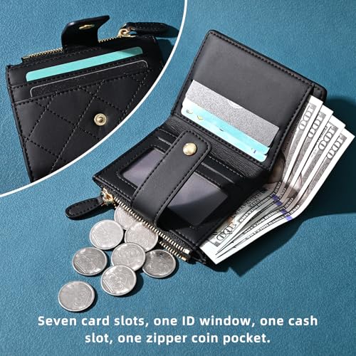 Wallet Women, Small Cute Card Wallets for Woman, Bifold Credit Business Card Coin Holder with Zipper Purse Pocket for Cash, Key, Change, ID Card (Black)4