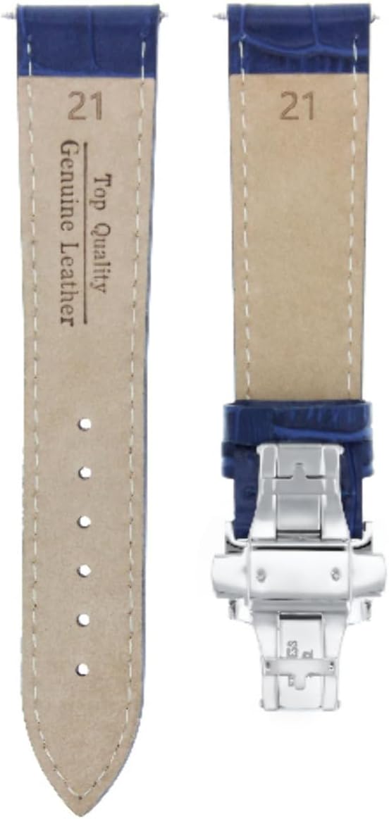 Ewatchparts 21mm Leather Strap Watch Band Butterfly Deployment Clasp Compatible With Longines Watch Blue