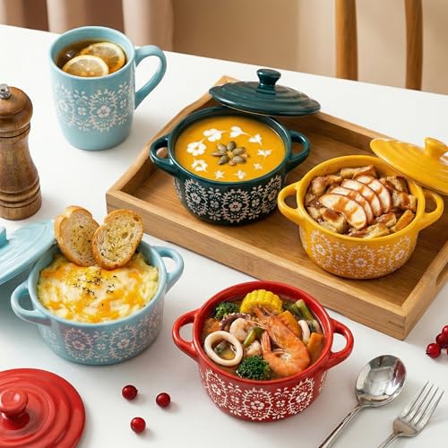 Image of Goaste 4 Pack Porcelain Ramekins with Lids, 7 OZ Mini Casserole Dish with Handles, Round Ceramic Cocotte Bowl Set, Individual Small Baking Dish for Souffle, Creme Brulee, Lava Cake, Soup (4 Colors)