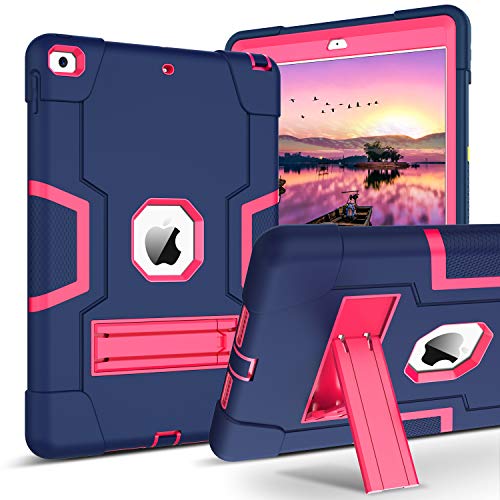 iPad 8th/7th Generation Case iPad 10.2 Case 2020/2019 GUAGUA Kickstand Heavy Duty Cover for Kids 3 in 1 Rugged Shockproof Protective Anti-Scratch Case for iPad 10.2 inch 2020/2019 Navy Blue/Rose