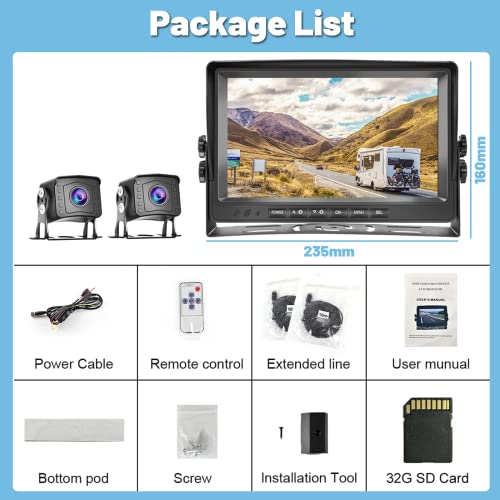 Image of 9 Inch DVR Car Monitor Dual Backup Camera Kit HD 1080P Night Vision IP69 Waterproof Rear View Cam 2 Split Screen Back Up Camera Kit for Car /Truck /Trailer /RV /Pickup 12-35V with 32G SD Card