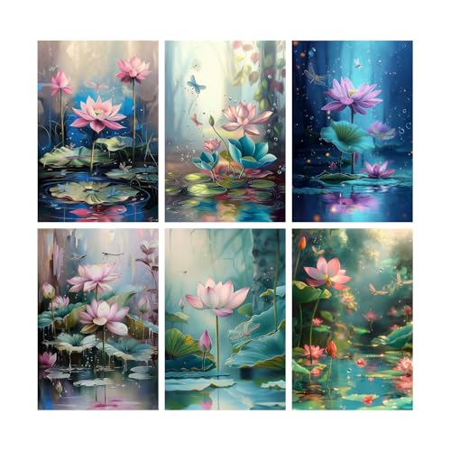 Image of SiddArtify Serene Lotus Flowers and Dragonflies Art Print Set - 300GSM Board - 8x12 Inch - Pack of 6 Wall Room Decoration art Poster Prints