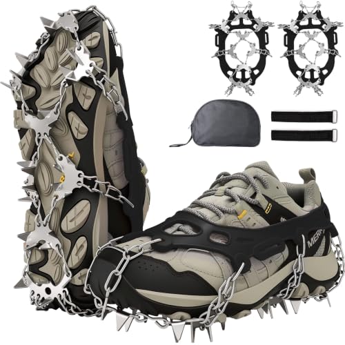 32 Spikes Ice Cleats for Shoes and Boots, Crampons for Shoes, Anti Slip Traction Ice Spikes Crampons Snow Grip with Stainless Steel for Men Women Hiking, Walking, Climbing, Jogging, Fishing