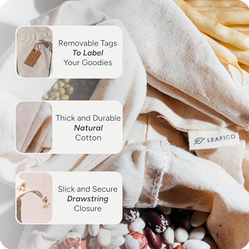 Image of LEAFICO Muslin Cloth Bags with Drawstrings - Set of 8 (S, M, L, XL) - Reusable Natural Cotton Bags for Bulk Food Storage - Canvas Fabric Sachets