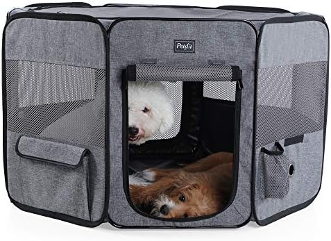 Petsfit Portable Dog Playpen for Medium Dogs Puppy Cats/Rabbit/Chicks/Duckling, Removable Zipper Sealed Bottom Dog Exercise Pen, with Pocket, Water Bottle Holder and Carrying Case, 33" Dia x 21" H