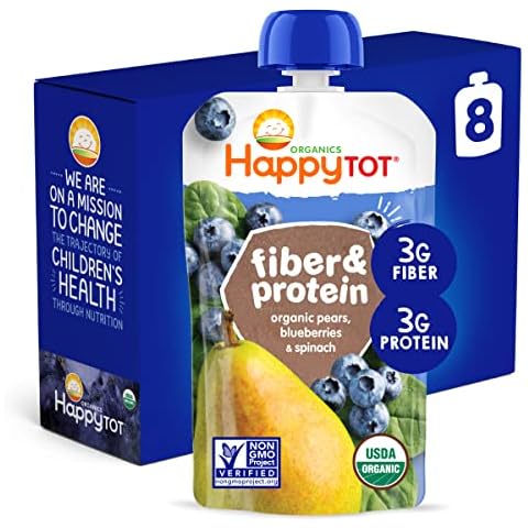 HAPPYTOT Organics Stage 4 Fiber & Protein, Pears, Blueberries & Spinach, 4 Ounce (Pack of 8) Cover