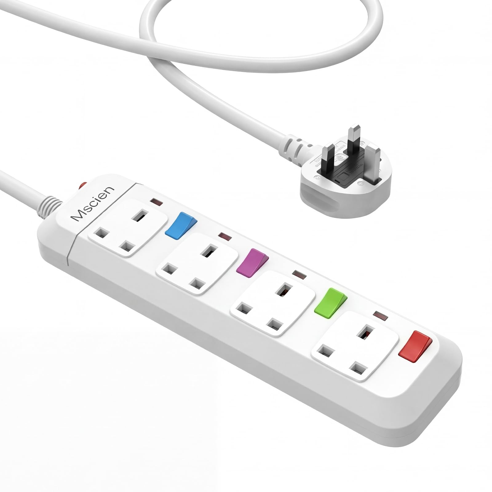 Mscien Extension Lead 1M 3 Way, Fused 3 plug Extension Socket with Individual Switches Mountable Overload Protection Power Strips with 1 Metre Extension cable 2500W — view 6