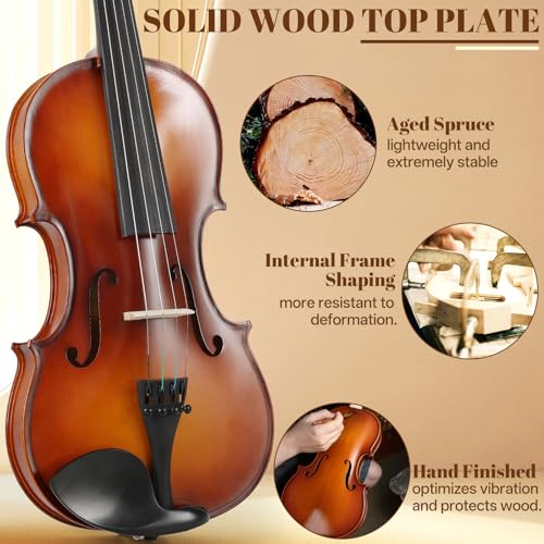 Image of Kmise Teacher Approved 3 /4 Size Violin Starter Kit for Adults Beginners Students, High Density Ebony Acoustic Violins, Fiddle Bundle with Case, Bow, Rosin, Strings, Shoulder Rest & Guide