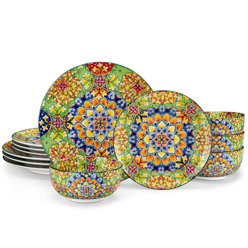 Image of vancasso 12 Pieces Dinnerware Sets, Green Plates and Bowls Set, Porcelain Dishes Set for 4, Microwave and Dishwasher Safe, Scratch Resistant, Bohemian Style Dining Ware Service for 4, Series SIMI