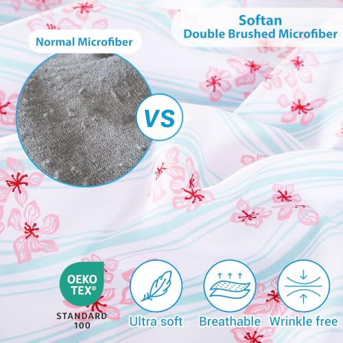 Image of Softan Pink Striped Floral Full Sheet Set, Cozy Printed Microfiber Bed Fitted Sheets with 15 inch Deep Pocket & Non-Slip Corner Straps, Cherry Blossom & Mint Stripe Patterned Sheets & Pillowcase Set