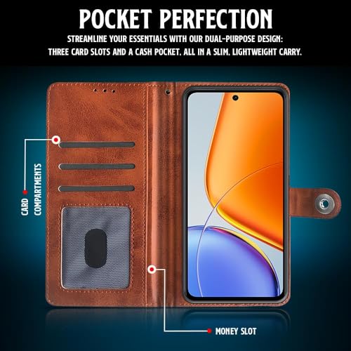 Image of WOW IMAGINE Shock Proof Flip Cover Back Case for Vivo T4x 5G | iQoo Z10x 5G | Vivo Y31 Pro 5G (Magnetic Button Flip Case | Wallet Pockets & Stand | Leather Finish | Alder Brown)
