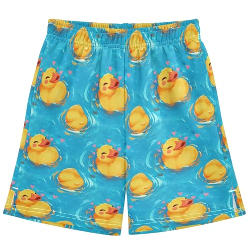 Boys Athletic Shorts with Pockets Cute Duck in Water Running Basketball Shorts for Youth Elastic Waist Size 7-8
