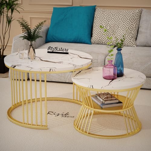 Image of RIZIK STORE Iron Frame Handmade 20.5 inch x 20.5 inch Round Coffee Table /Nesting Table /Side Table /Center Table with Engineered Wood Top for Living Room /Drawing Room /Balcony (White)