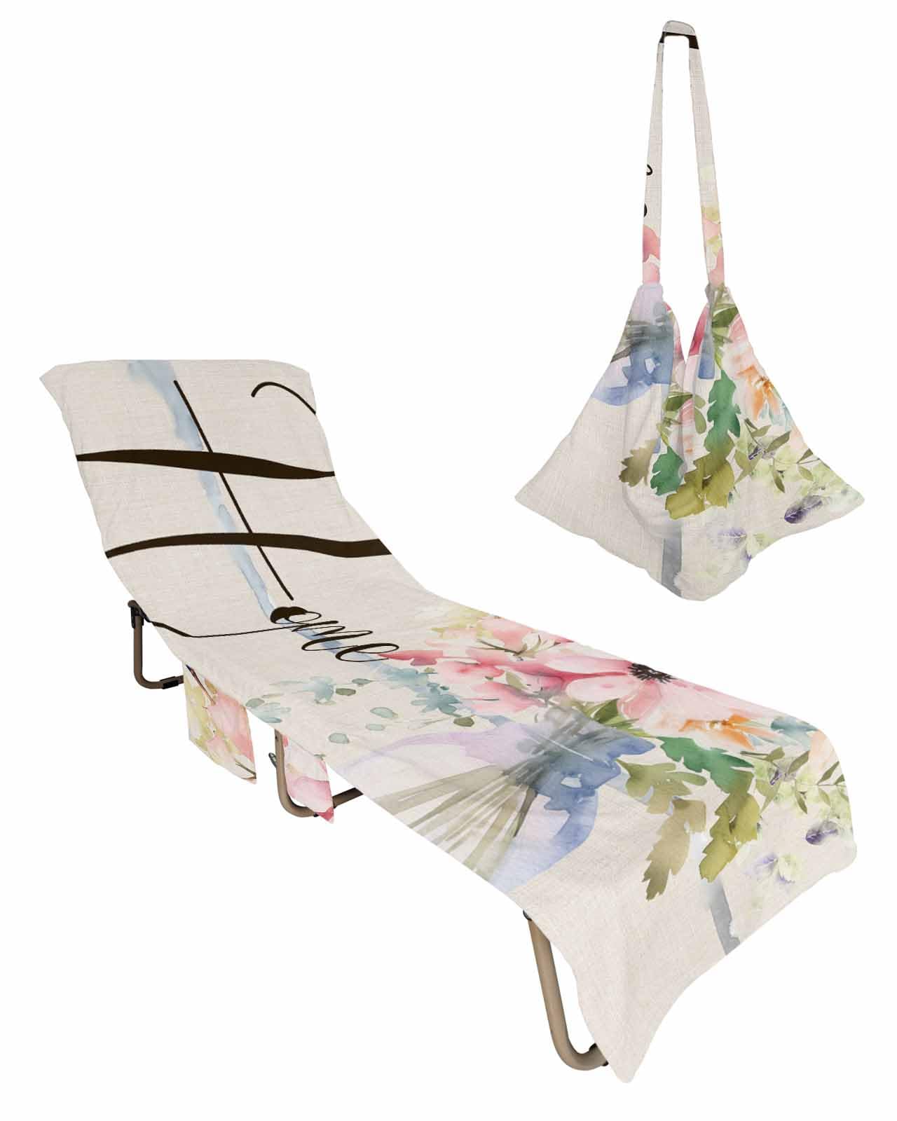 Bottle Floral Beach Chair Towel Covers for Chaise Lounge with Side Pocket, Soft Plush Pool Towels Cover for Patio Sunbathing Outdoor 29''x85'' Spring Watercolor Botanical Blooms Beige