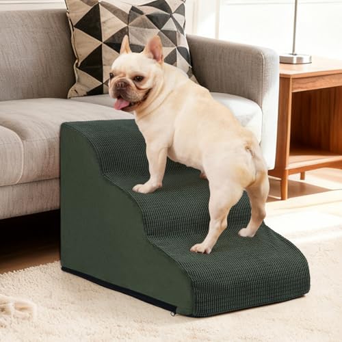 Image of Aodisman Dog Stairs for Small Dogs and Cats,3-Step Pet Ramp for Couch,Chair | 15.7 inch H Non-Slip Sturdy Dog Steps with Curved Ramp for Senior,Short-Legged Dogs,Puppy and Cats to Reach Sofa or Chair,Green