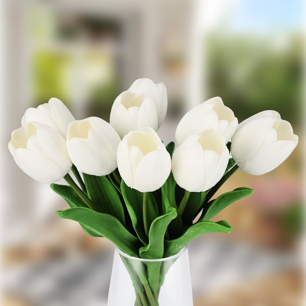 Garvee Artificial Tulips with Vase, Real Touch Silk PU Faux Tulips Bouquet, Lifelike Tulips Artificial Flowers for Table Centerpieces, Wedding Decor, Home Decoration, White