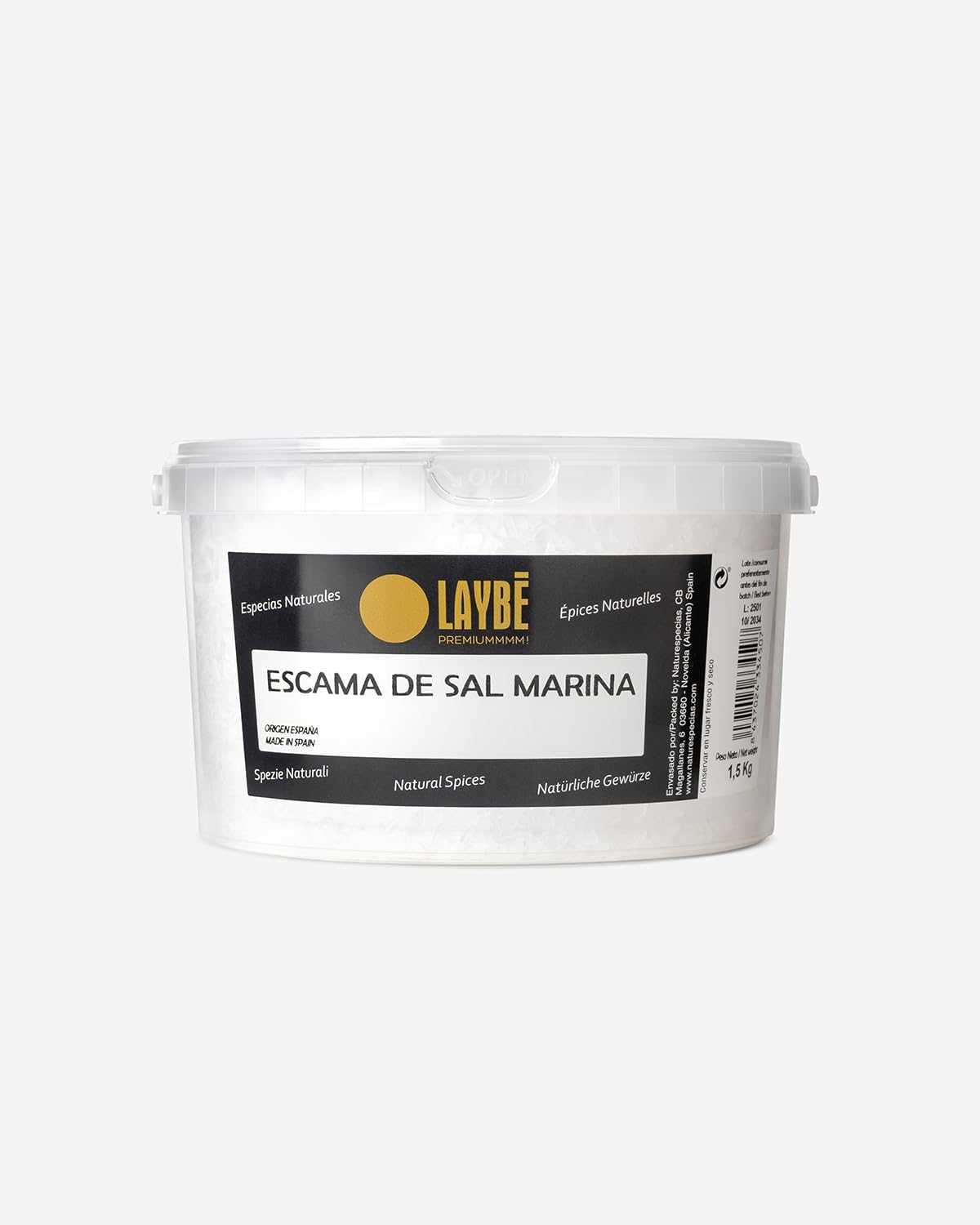 LAYBÉ - Sal Marina Escamas 100% Origen España, Escanas de Sal Piramidal - Cubo de 1.5kg