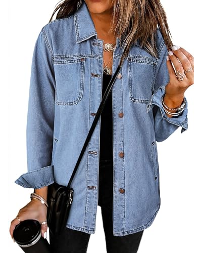 luvamia Denim Jackets for Women Trendy Long Sleeve Button Down Shirt Jacket Jean Shacket with Pocket Western Work Jacket