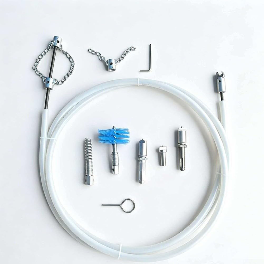 Kit de limpieza de desagüe de manguera blanca, 9 piezas de accesorios de acero para eliminación de obstrucciones de tuberías de inodoro, herramienta flexible de desatascamiento de 5 m, 10 m, 15 m (15
