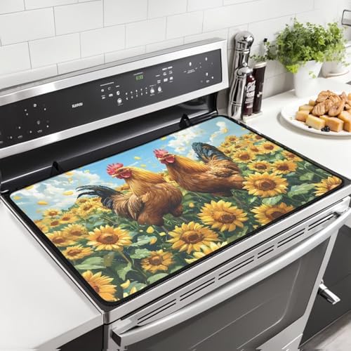 Image of Sunflower Rooster Induction Cooktop Protector Mat, Wear Resistant Stove Top Cover, Extra Large Dish Drying Mat, Folding Dust Cover for Gas Burners, Scratch-resistant Countertop Protector