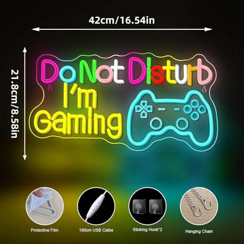 Image of Do Not Disturb I AM Gaming Neon Sign Bright Large Colored Dimmable LED Headset Gamer Light and USB Powered Headphone Light Up Game Signs for Game Zone Video Room Boys' Bedroom Wall Decor