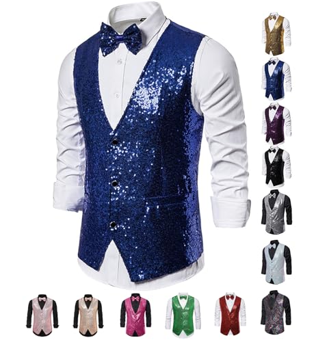 Men's Shiny Sequins V-Neck Dress Vest with Bowtie & Brooch - Formal & Semi - Formal Prom Party Tuxedo