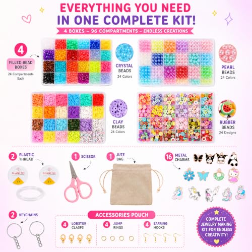 Image of Ambitieux Bracelet Making Kit for Kids & Girls | 4-in-1 Beads Craft Kit with Acrylic, Clay, Letter Beads, Charms & Accessories | DIY Jewellery Making Set for Girls Age 4-12 | Creative birthday Gift Kit (Beginner Craft kit)