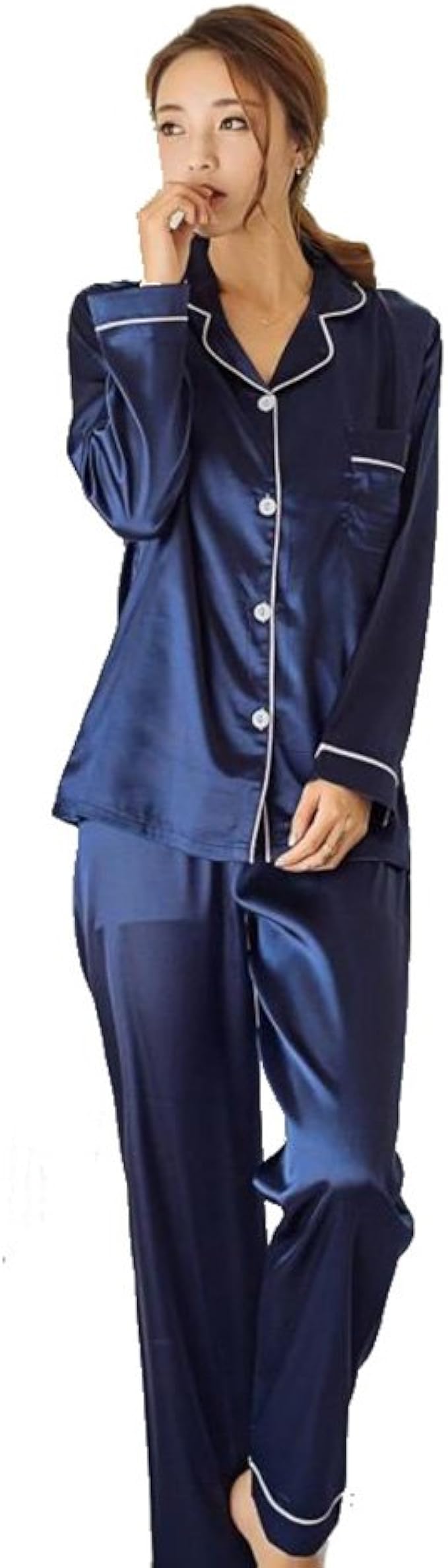 Amazon Bananal レディース 女性 シルクパジャマ パジャマ シャツパジャマ 長袖 上下セット 絹 前開き ルームウェア 部屋着 サテン 無地 純色 服 ファッション小物 通販