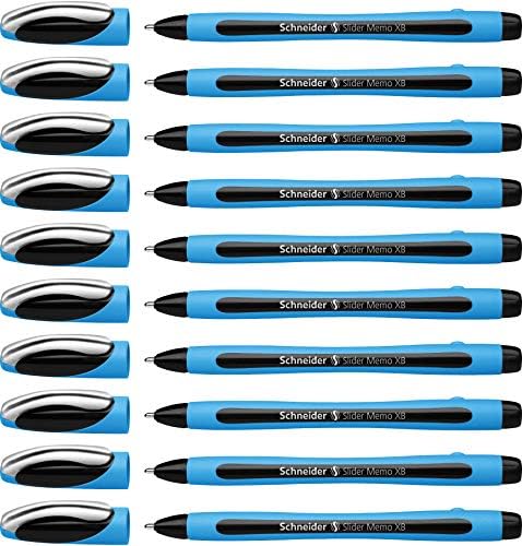 Schneider Slider Memo XB (Extra Broad) Ballpoint Pen, 1.4 mm, Light Blue Barrel, Black Ink, Box of 10 Pens (150201)