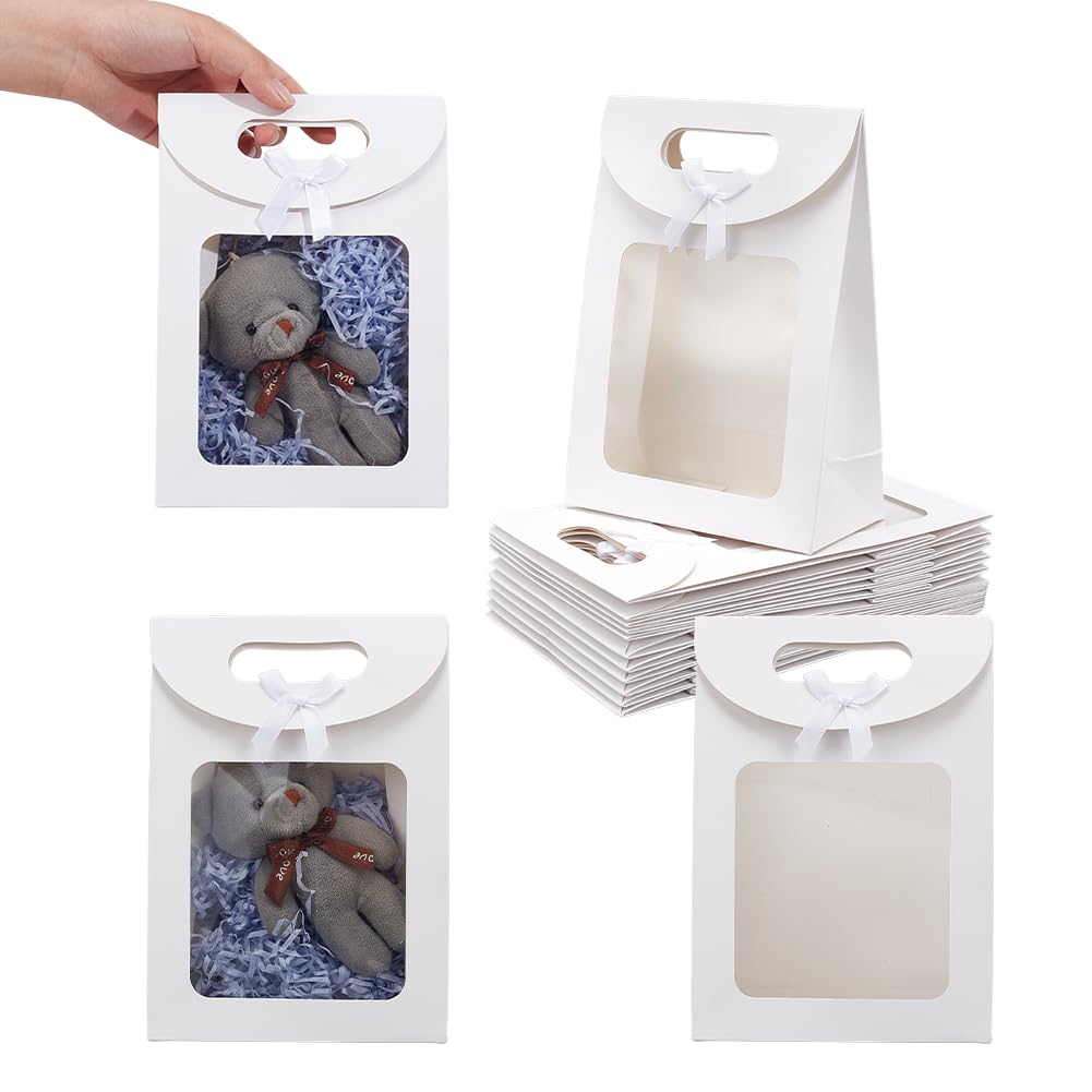 NBEADS 24 Pcs Gift Bag with Window, 5.51x2.76x7.68 inch Stand Up Kraft Paper Bags with Handles for Packaging Wedding Christmas Party Store Retail,