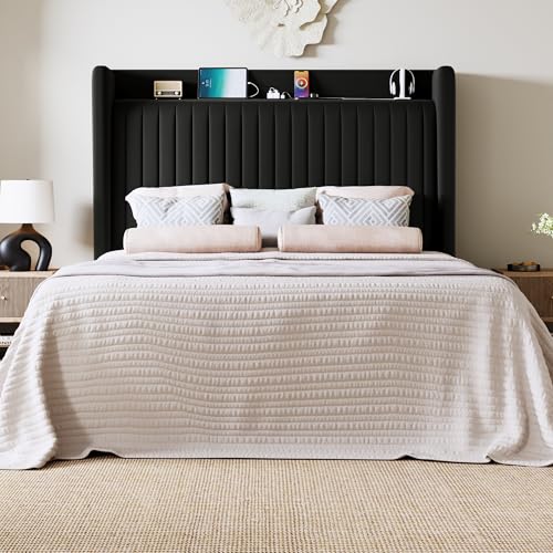 Image of Allewie Full Size Platform Bed Frame with USB Charging Station and Storage Shelf /Upholstered Velvet Wingback Headboard /Wooden Slats Support /No Box Spring Needed /Easy Assembly, Black
