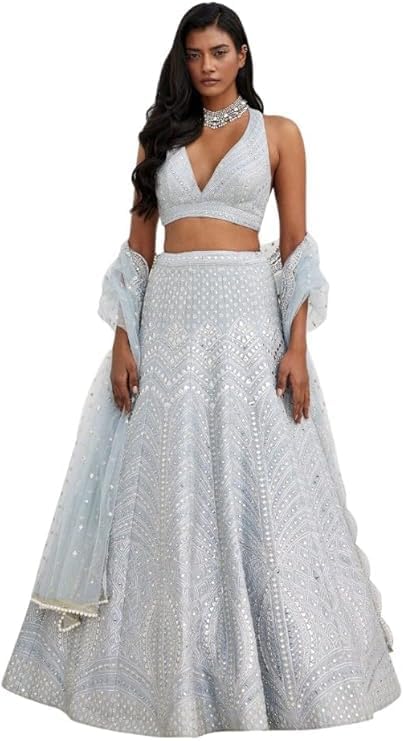 Party Wear Embellished, Designer Lehenga Choli Set, Light Blue, Sequin Work, Indian Wedding Festive Wear