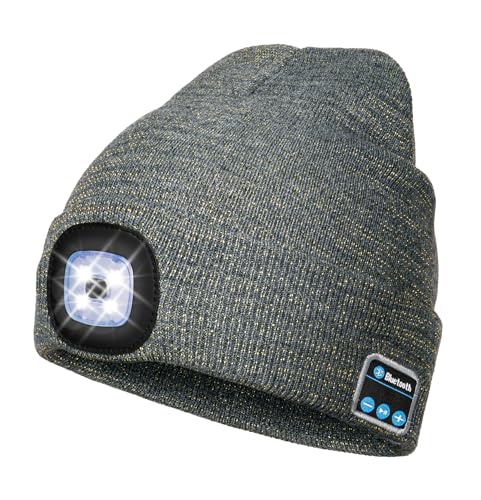 Image of Wmcaps Bluetooth Beanie with a Light, Unisex USB Rechargeable 4 LED Fashlight Hat with Cordless Headphones, Unique Christmas Birthday Gifts for Men Him Husband Teen