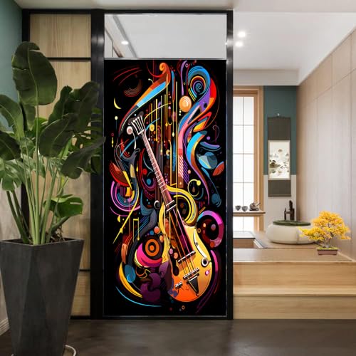 Cool Guitar Stained Glass Window Film Glam Music Instruments Privacy Window Film Non-Adhesive Glass Film Decorative Static Cling Film for Home Office 27.6Wx47.2L