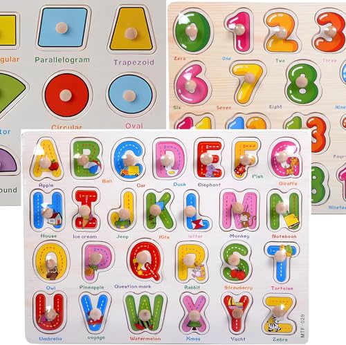 Montessori Alphabet, Number & Shape Wooden Puzzle Set – 3‑in‑1 Learning Toys for Toddlers, ABC 123 Shapes Educational Gift