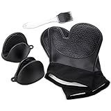 Jonhen Professional Oven Mitts Heat Resistant- FDA Food Grade,Quilted Cotton Lining,Oven Mitts and Pot Holders 1 Set,Bonus Brush (black)