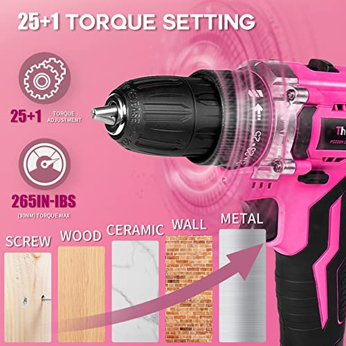 Image of 20V Pink Cordless Drill Set - Power Drill /Driver Kit with Drill Brush, Bit Set, 3 /8 inch Keyless Chuck, 2 Variable Speed, 25+1 Torque Setting, Battery and Charger Included, Electric Drill for Home