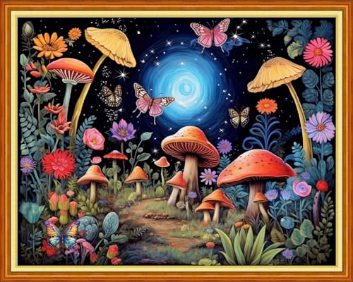Image of Foxdiviy Mushroom Scenery 16x20 inch Stamped Cross Stitch Kit - 11CT Embroidery Patterns for Beginners - Adults & Kids - Vintage Nature Theme