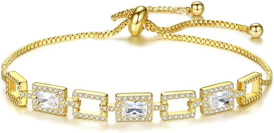 14K Gold Over S925 Silver Rectangular Bracelet for Women, Moissanite Halo Bracelet, Beautiful Jewelry Gift for Her